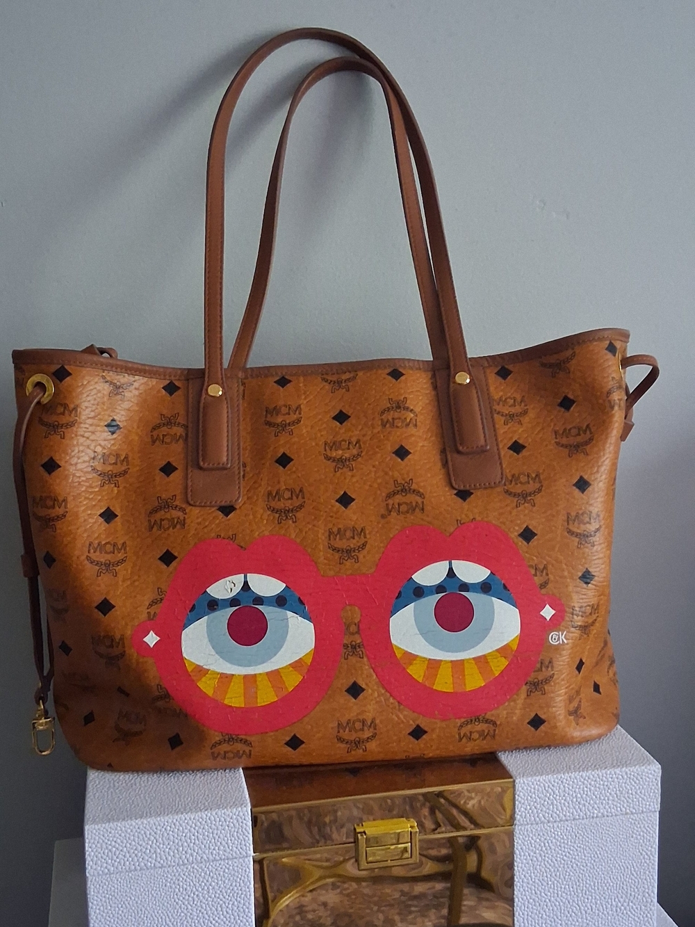 💯Authentic MCM Cognac Visetos Leather Tote with Colorful Graphic